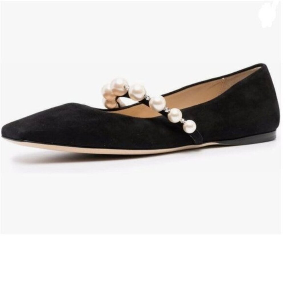 FOWT Black Square Toe Slip on Flats Pearl Studded Strap Elegant Wedding Pumps